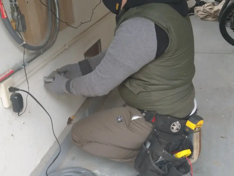 Electrician performing outlet wiring in a Cloverdale garage